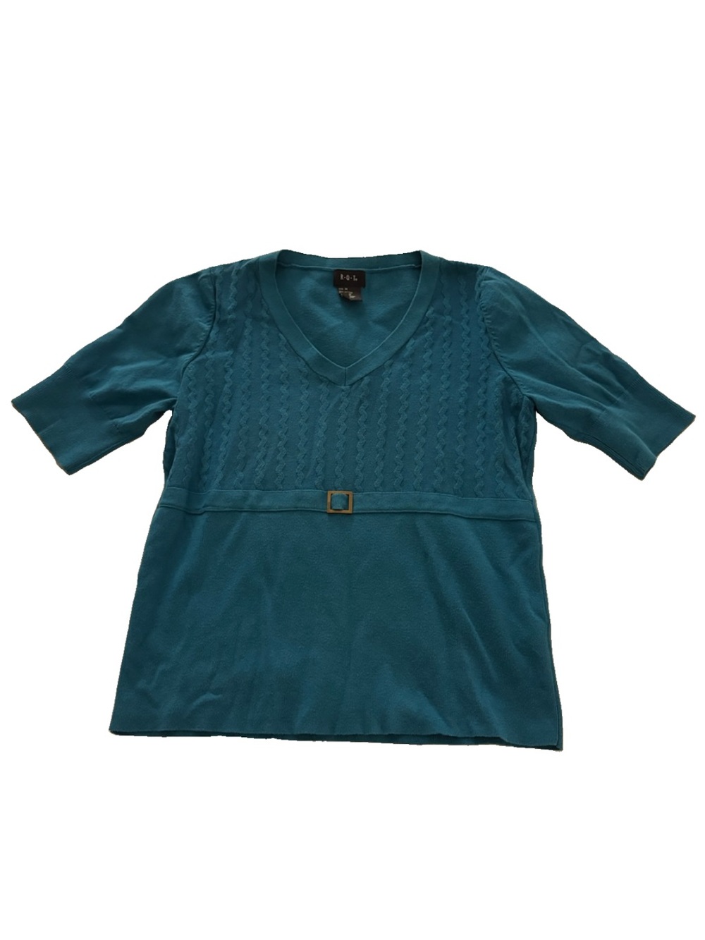 Vintage RQT Teal V-Neck Short Sleeve Top with 2000s Style Waist Buckle Detail